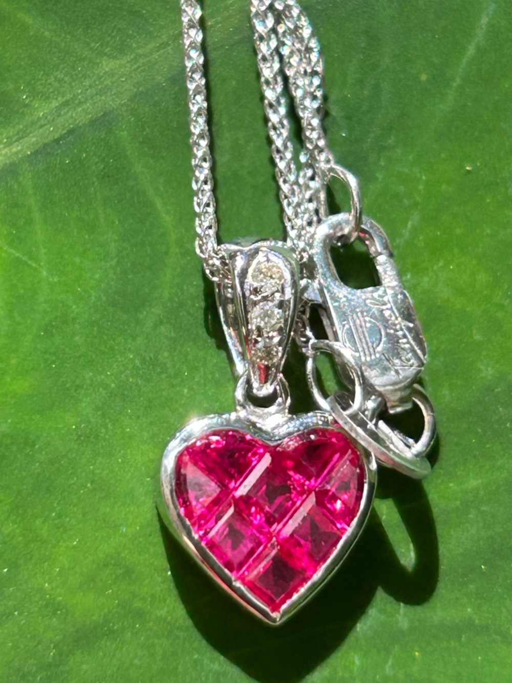 18K solid white gold ruby & diamonds heart pendant necklace not scrap 18”chain